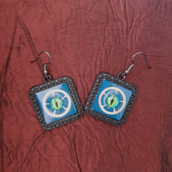 Boucles d’oreilles rouages, bleu/argent, avec oeil