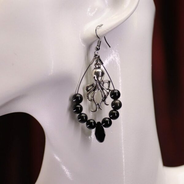 Boucles d'oreilles Kraken is back, argenté et obsidienne