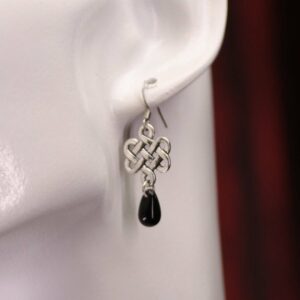Boucles d'oreilles noeud d'amour celte, avec perle en verre noire ou violette