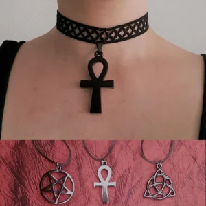 Collier ras de cou noir triquetra, pentacle inversé ou croix de Ankh