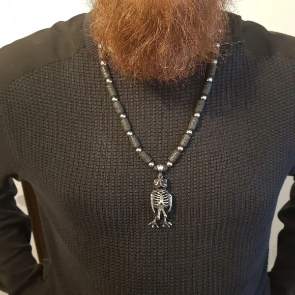 Collier squelette de hibou, en acier inoxydable et perles de lave, pour homme