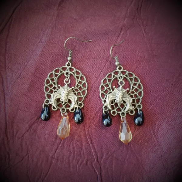 Boucles d'oreilles anneau chauve souris et perles