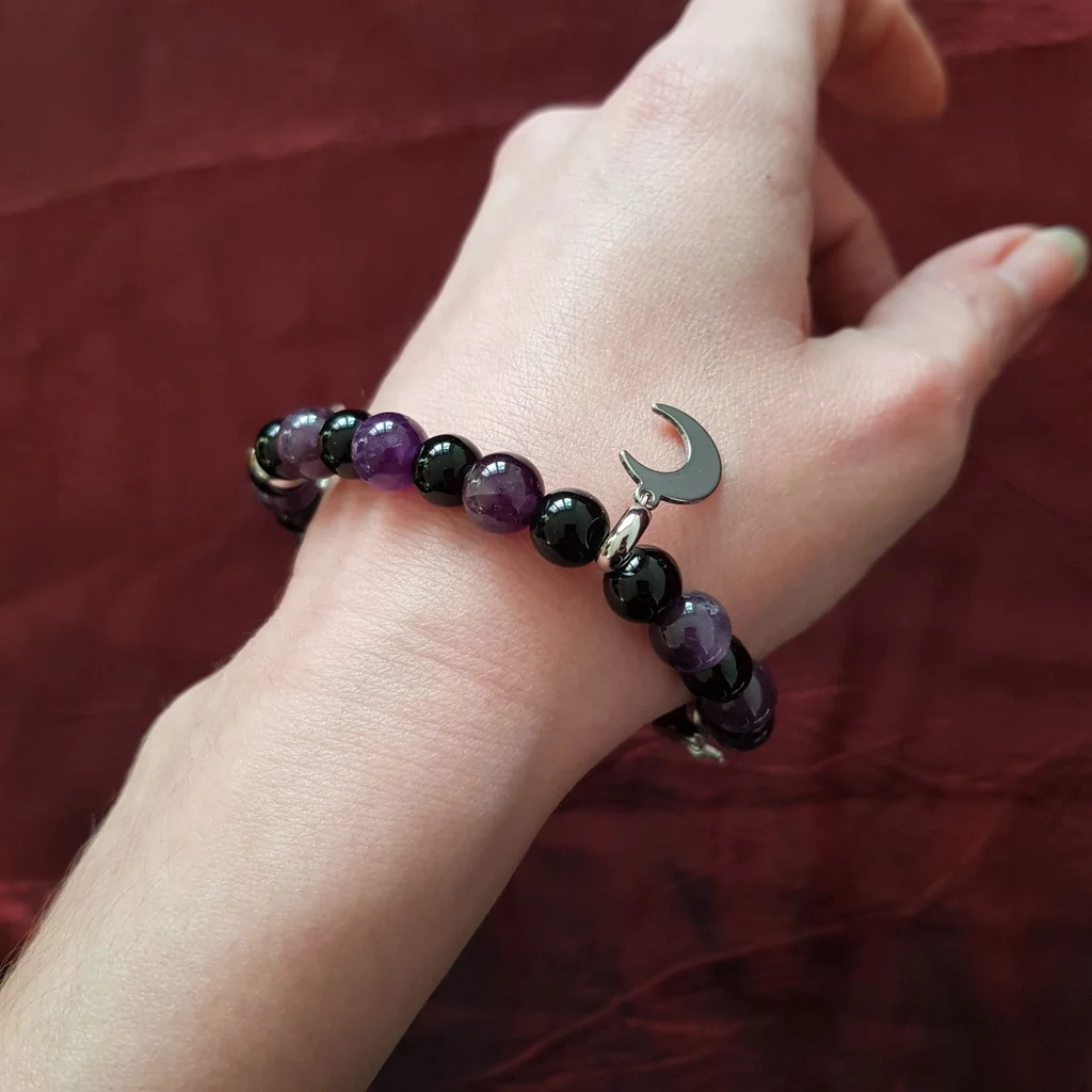 Bracelet croissants de lune, en améthyste et onyx