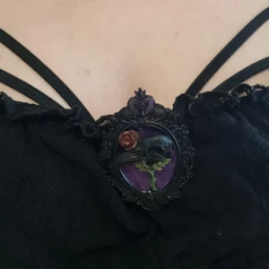 Broche crâne de corbeau style camée, tenant dans son bec une rose. Son fond violet assure la finition pour un style gothique/baroque!