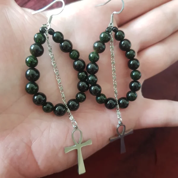 Boucles d'oreilles croix de Ankh en jade et obsidienne – Image 2