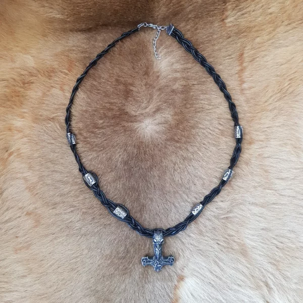 Collier en cuir tressé runes viking et Mjöllnir – Image 4