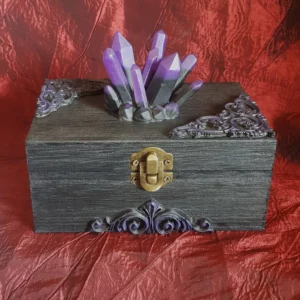Cette boîte en bois décorée witchy cristaux violet fera le plaisir des sorcières pour y ranger leur trésor. Avec un camé crâne de corbeau à l'intérieur!